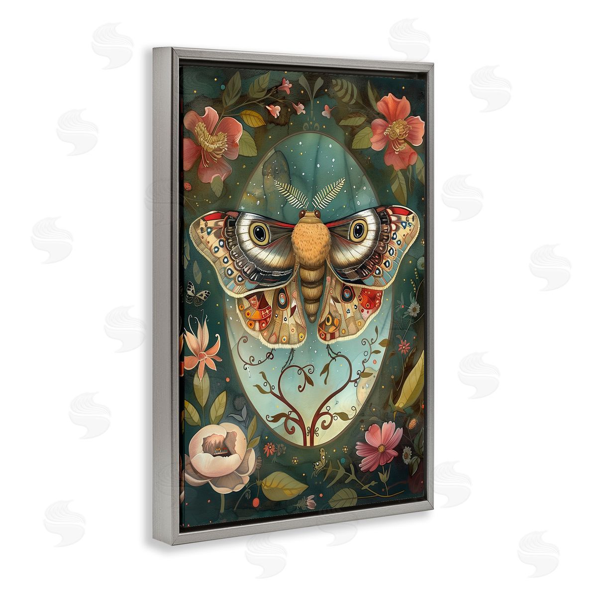 Ornate Botanicals & Moth Grey Floating Frame Canvas Wall Art, Home Decor by The Dutch Lady