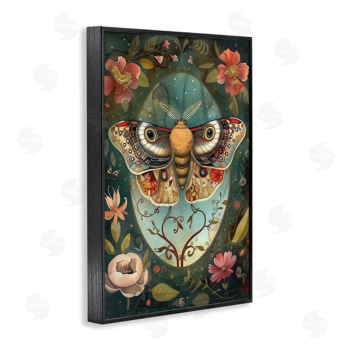 Ornate Botanicals & Moth Black Frame Print Wall Art, Home Decor by The Dutch Lady