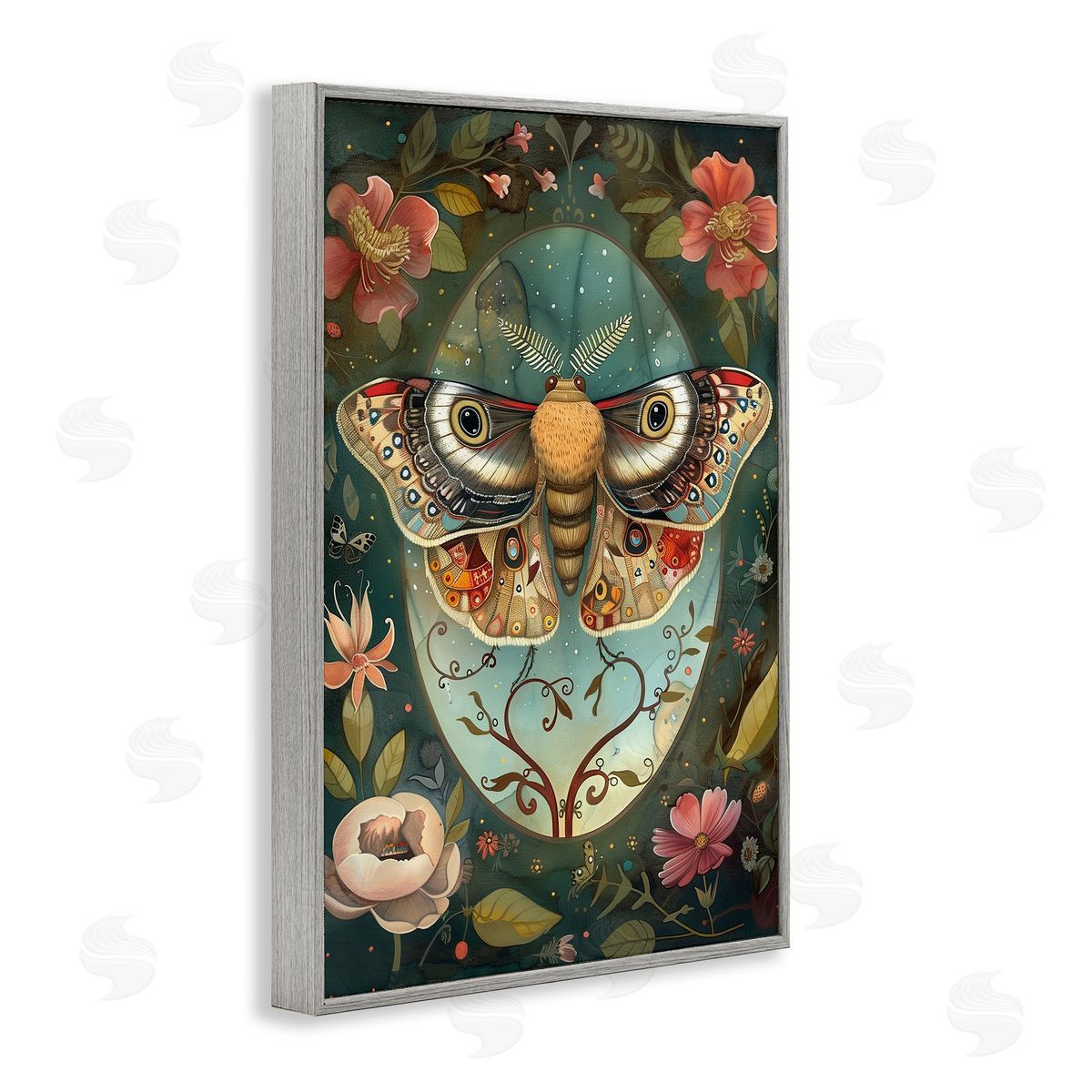 Ornate Botanicals & Moth Grey Frame Print Wall Art, Home Decor by The Dutch Lady