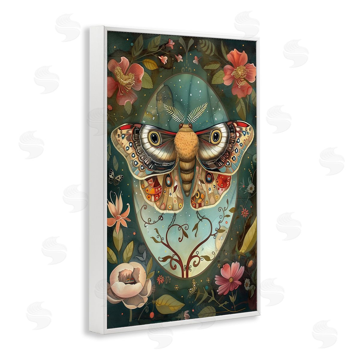 Ornate Botanicals & Moth White Frame Print Wall Art, Home Decor by The Dutch Lady