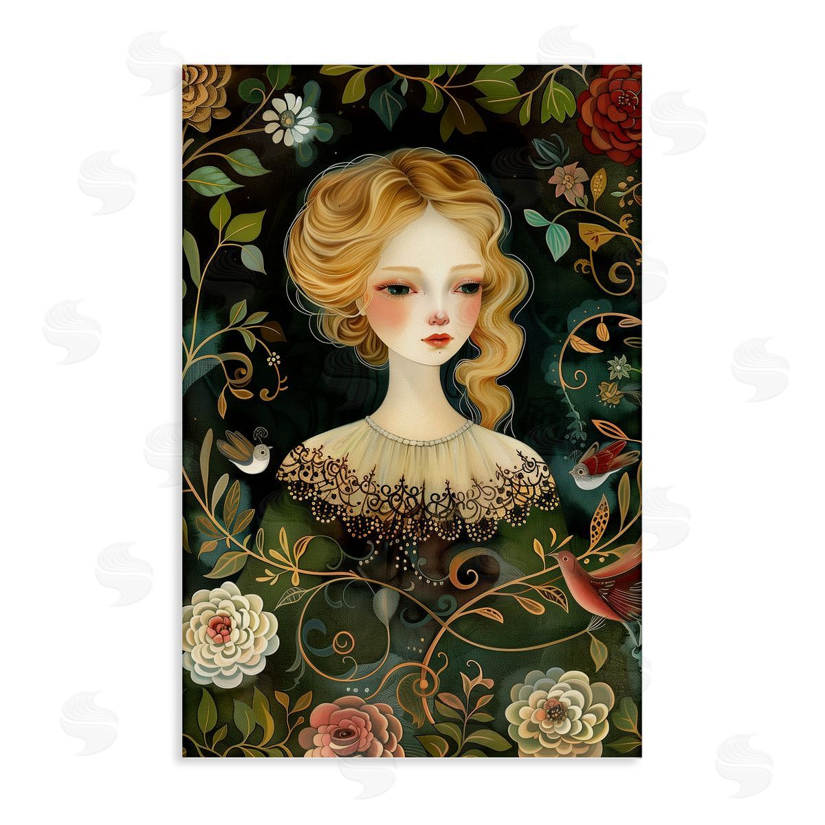 Victorina Woman with Florals Canvas Wall Art, Home Decor by The Dutch Lady