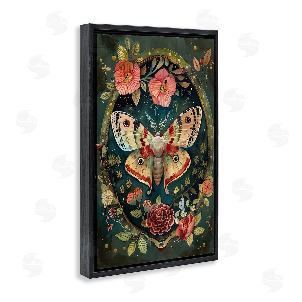 Victorian Moth & Florals Black Floating Frame Canvas Wall Art, Home Decor by The Dutch Lady