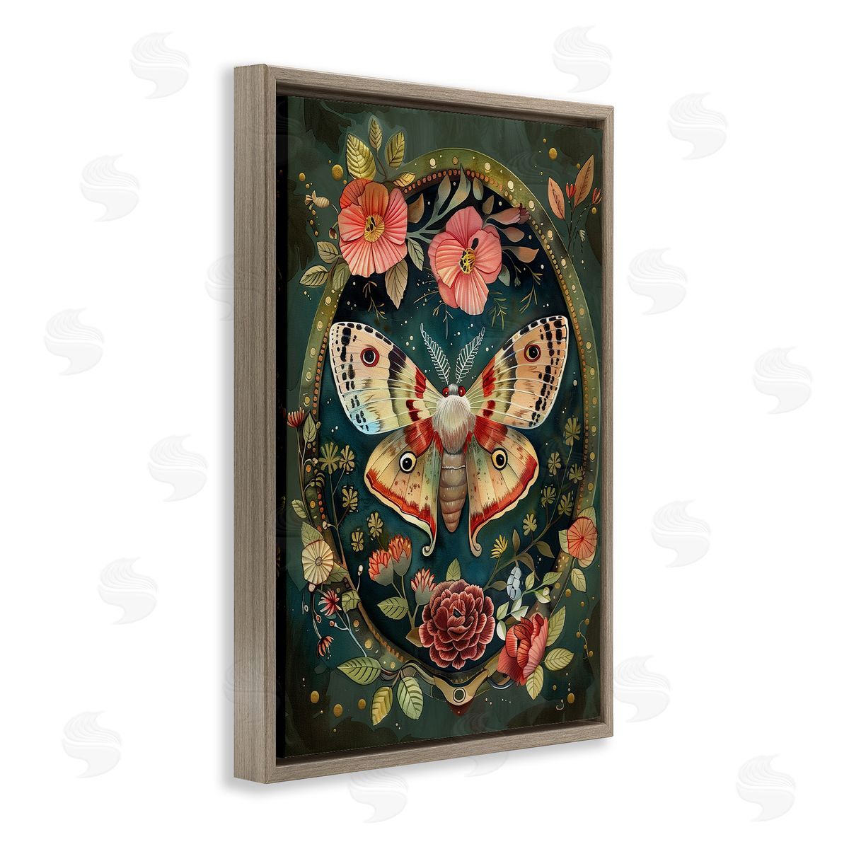 Victorian Moth & Florals Brown Floating Frame Canvas Wall Art, Home Decor by The Dutch Lady