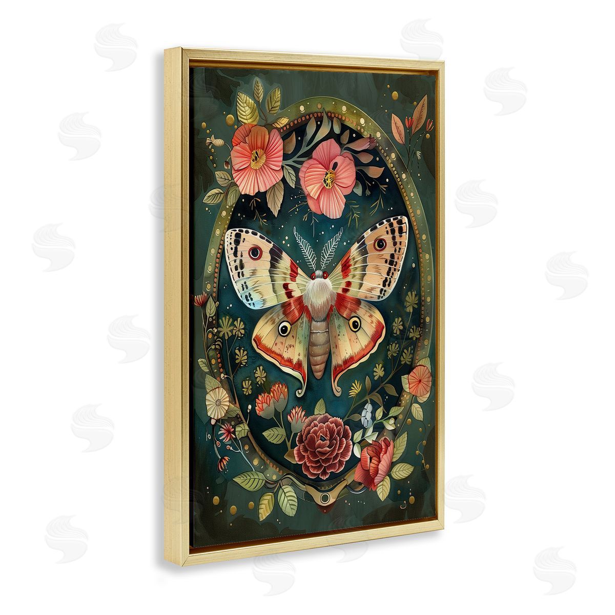 Victorian Moth & Florals Gold Floating Frame Canvas Wall Art, Home Decor by The Dutch Lady