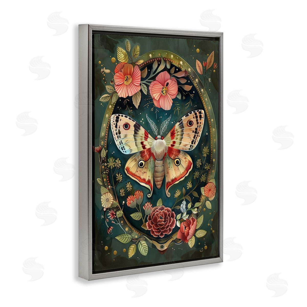 Victorian Moth & Florals Grey Floating Frame Canvas Wall Art, Home Decor by The Dutch Lady