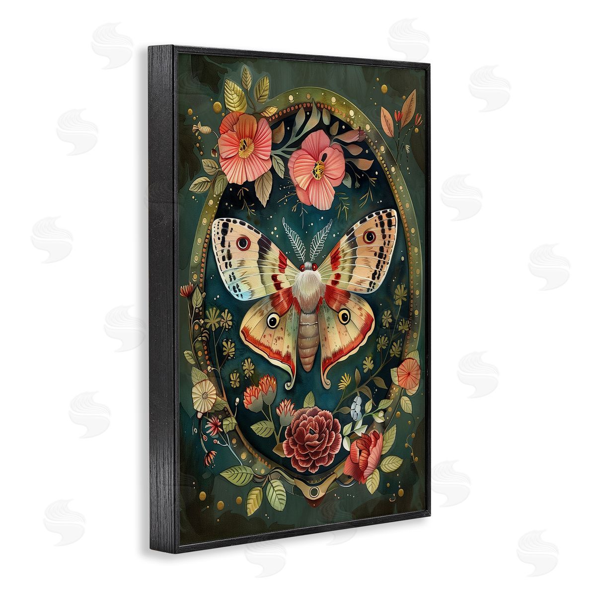 Victorian Moth & Florals Black Frame Print Wall Art, Home Decor by The Dutch Lady