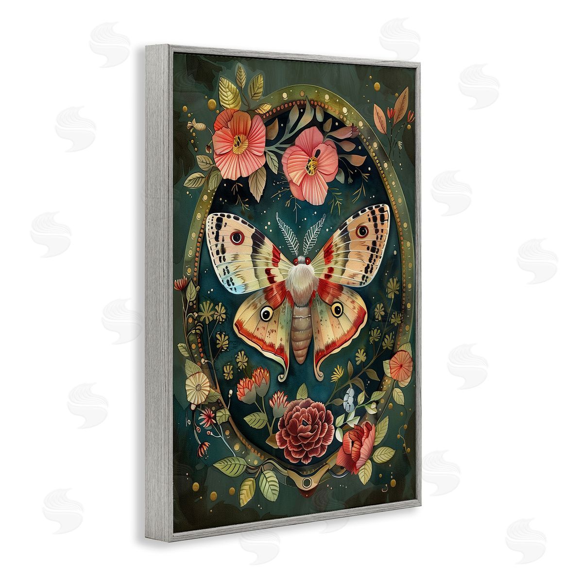 Victorian Moth & Florals Grey Frame Print Wall Art, Home Decor by The Dutch Lady