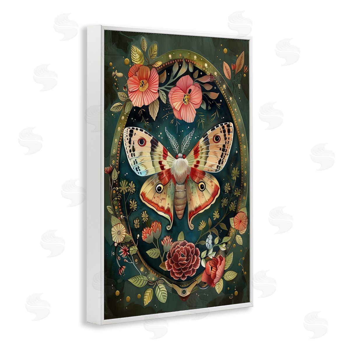 Victorian Moth & Florals White Frame Print Wall Art, Home Decor by The Dutch Lady