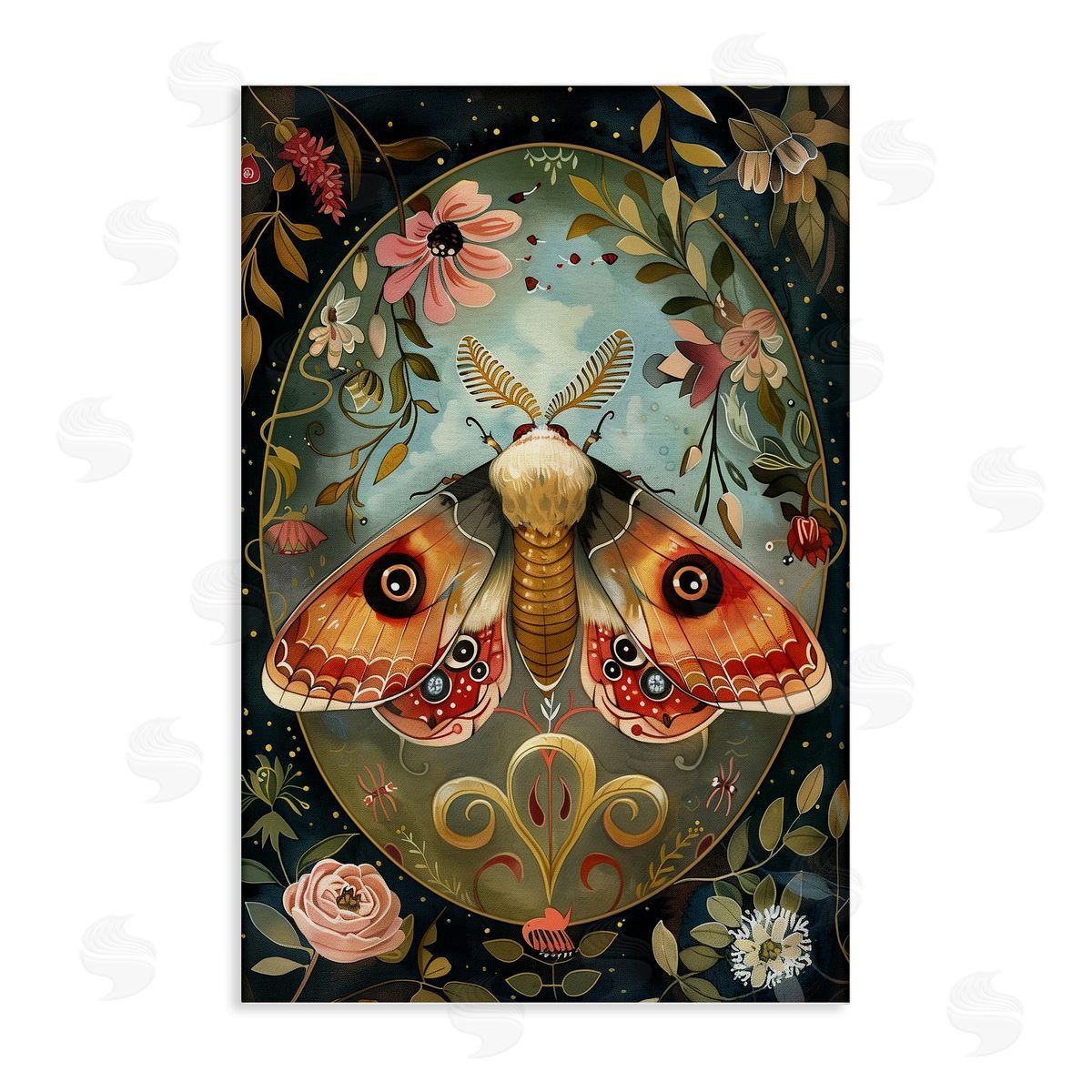 Ornate Bordered Victorian Moth Canvas Wall Art, Home Decor by The Dutch Lady