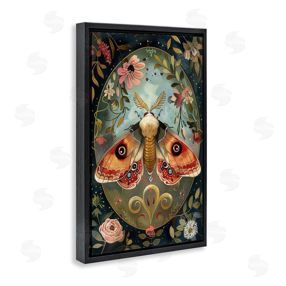 Ornate Bordered Victorian Moth Black Floating Frame Canvas Wall Art, Home Decor by The Dutch Lady