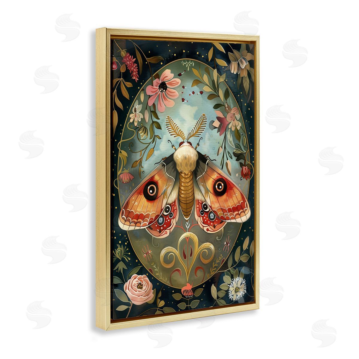 Ornate Bordered Victorian Moth Gold Floating Frame Canvas Wall Art, Home Decor by The Dutch Lady