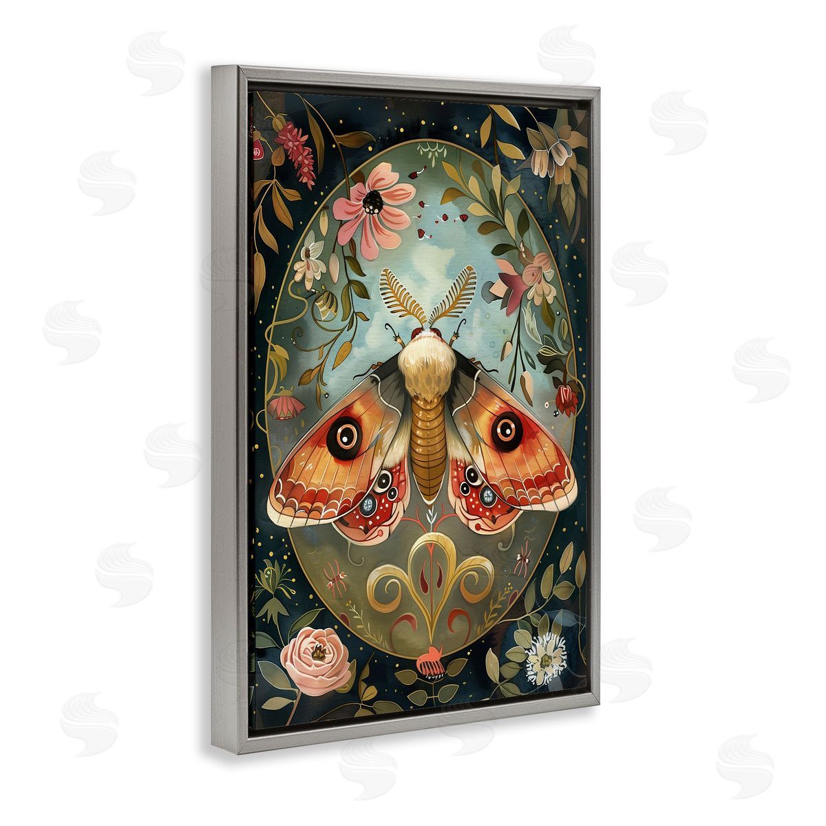 Ornate Bordered Victorian Moth Grey Floating Frame Canvas Wall Art, Home Decor by The Dutch Lady