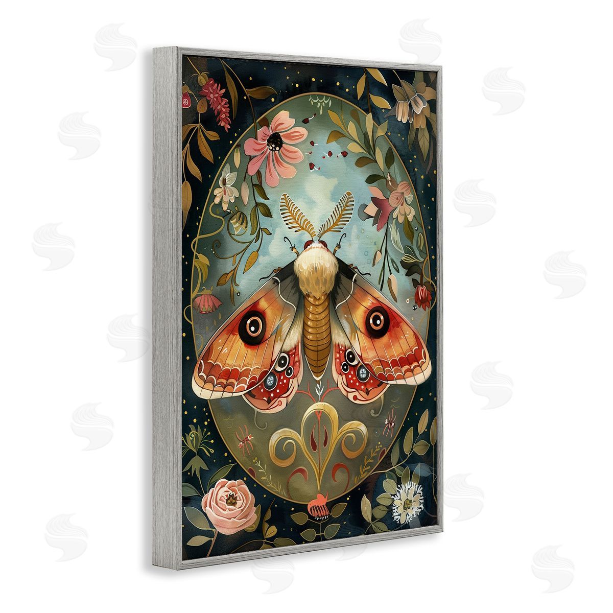 Ornate Bordered Victorian Moth Grey Frame Print Wall Art, Home Decor by The Dutch Lady