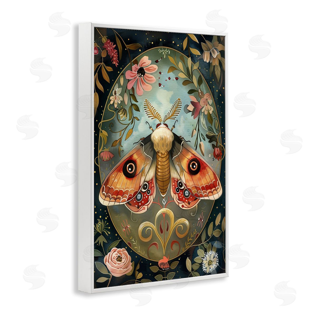 Ornate Bordered Victorian Moth White Frame Print Wall Art, Home Decor by The Dutch Lady