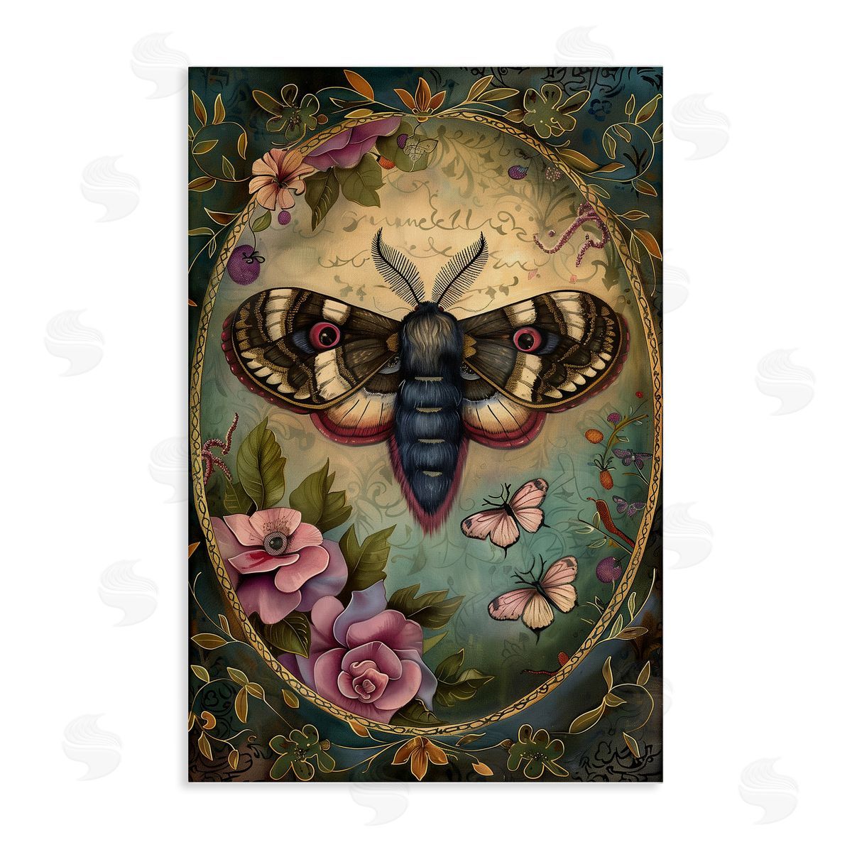 Vintage Moth & Floral Border Canvas Wall Art, Home Decor by The Dutch Lady