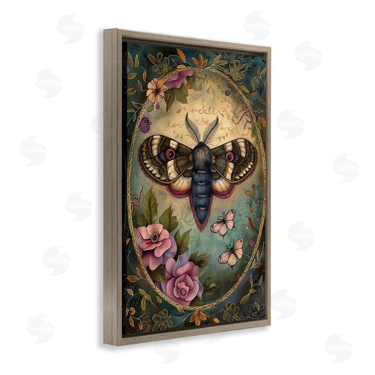 Vintage Moth & Floral Border Brown Floating Frame Canvas Wall Art, Home Decor by The Dutch Lady