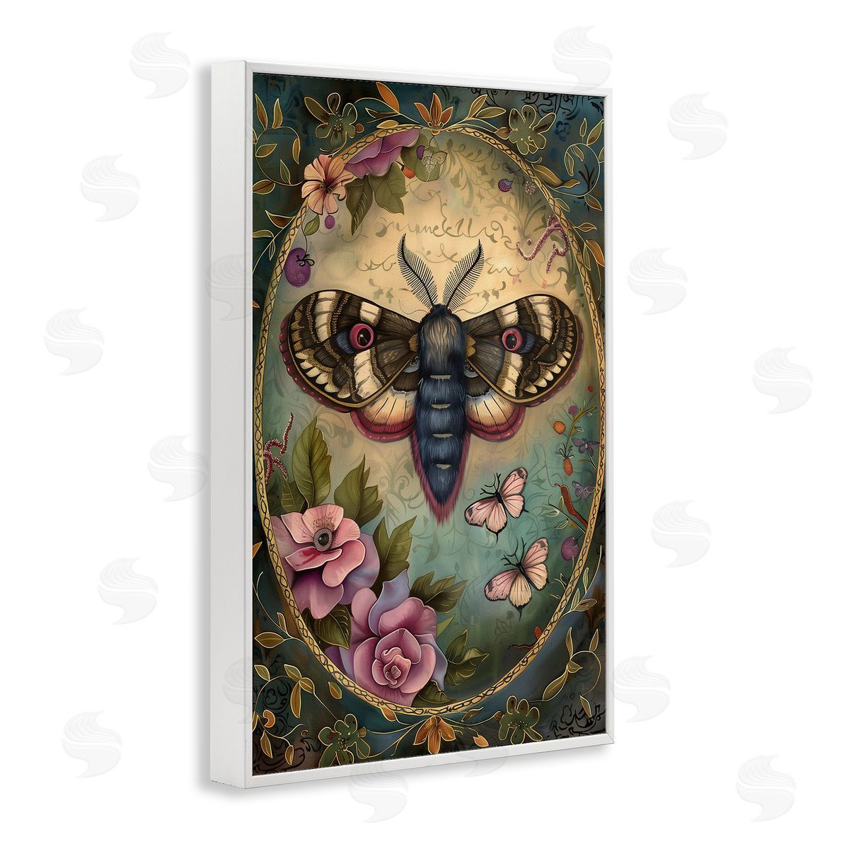 Vintage Moth & Floral Border White Frame Print Wall Art, Home Decor by The Dutch Lady