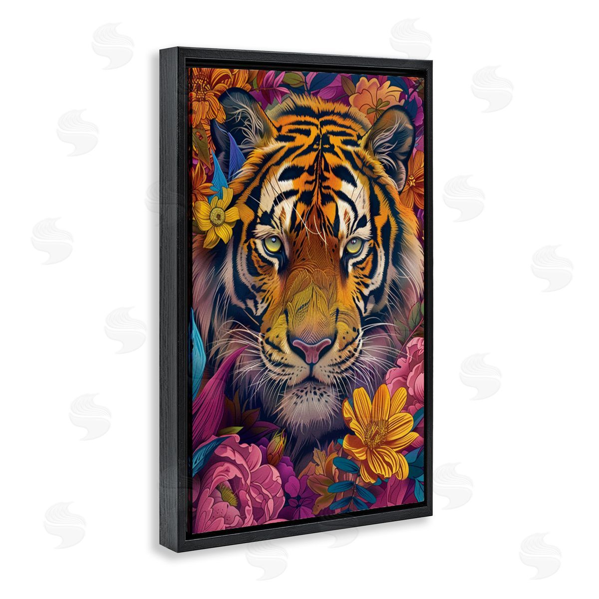 Peering Tiger Through Flowers Black Floating Frame Canvas Wall Art, Home Decor by LSR Design Studio