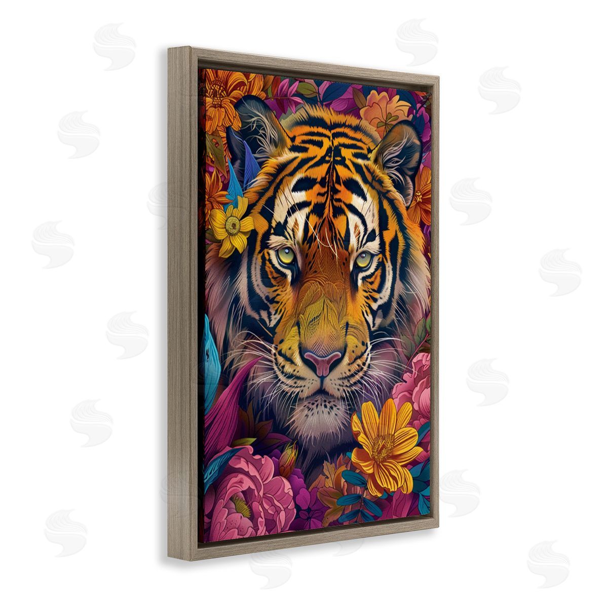 Peering Tiger Through Flowers Brown Floating Frame Canvas Wall Art, Home Decor by LSR Design Studio