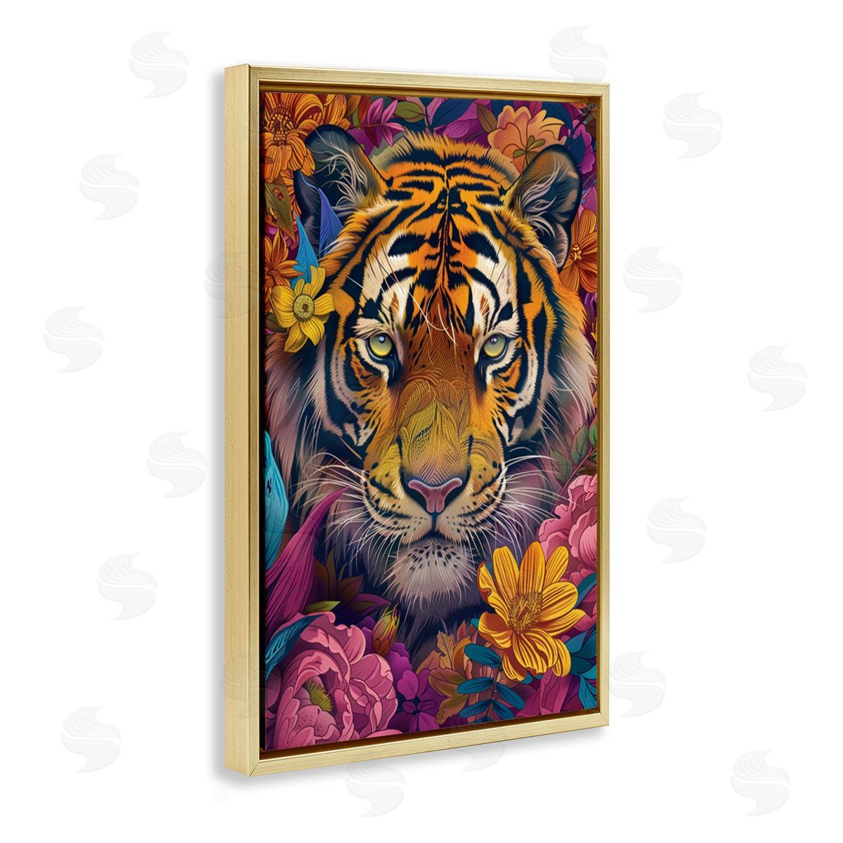 Peering Tiger Through Flowers Gold Floating Frame Canvas Wall Art, Home Decor by LSR Design Studio