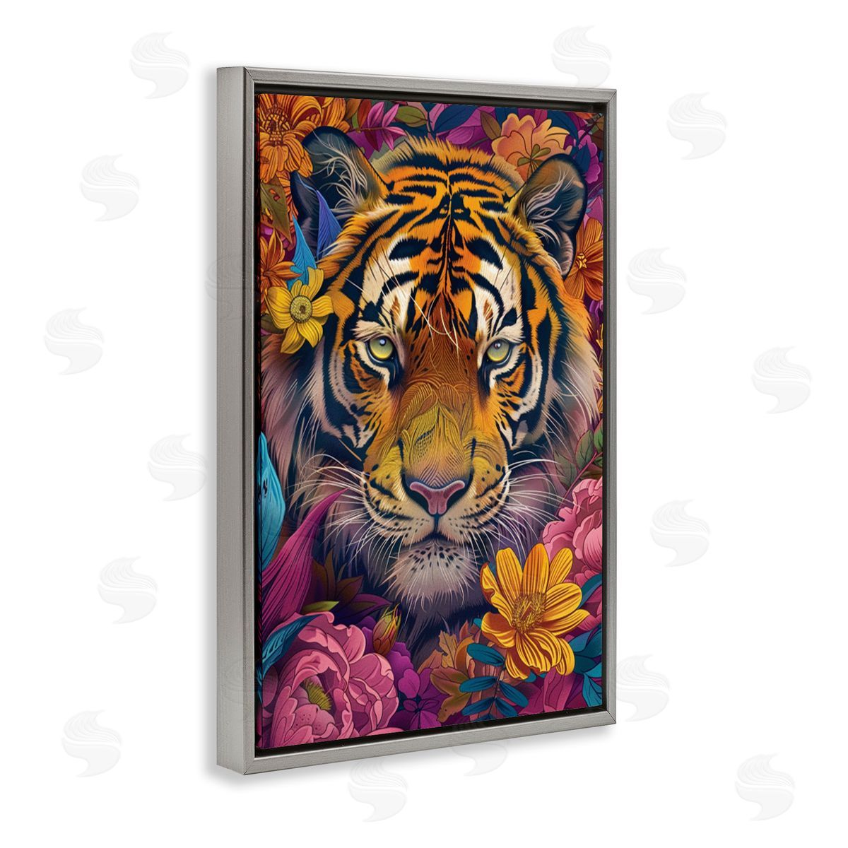 Peering Tiger Through Flowers Grey Floating Frame Canvas Wall Art, Home Decor by LSR Design Studio