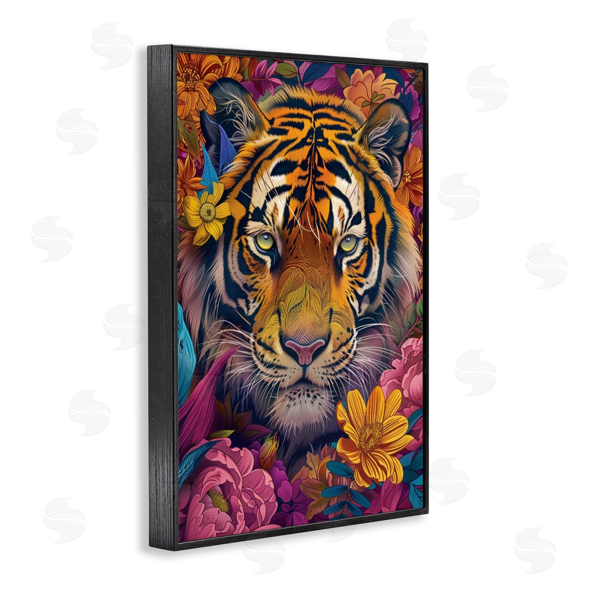 Peering Tiger Through Flowers Black Frame Print Wall Art, Home Decor by LSR Design Studio