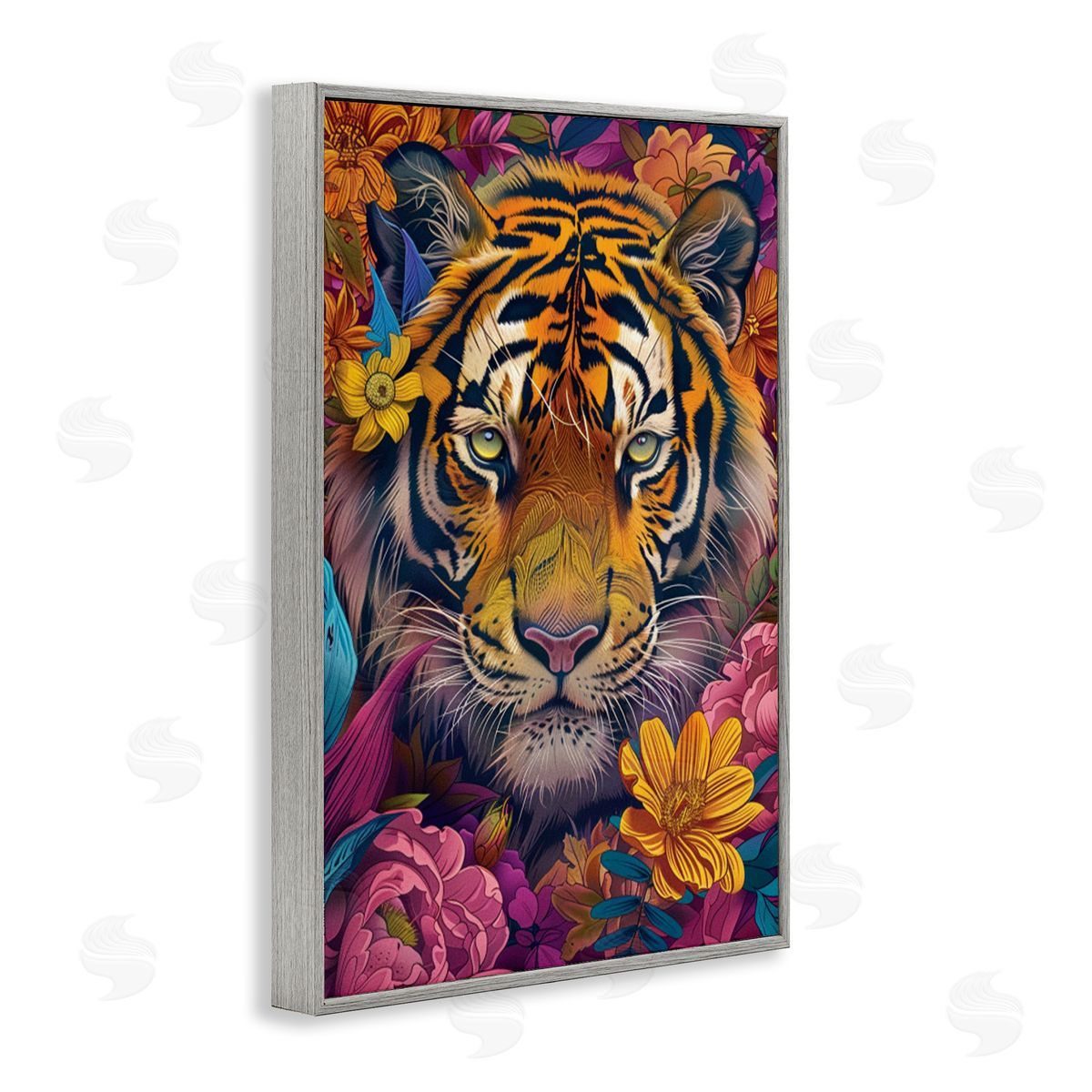Peering Tiger Through Flowers Grey Frame Print Wall Art, Home Decor by LSR Design Studio