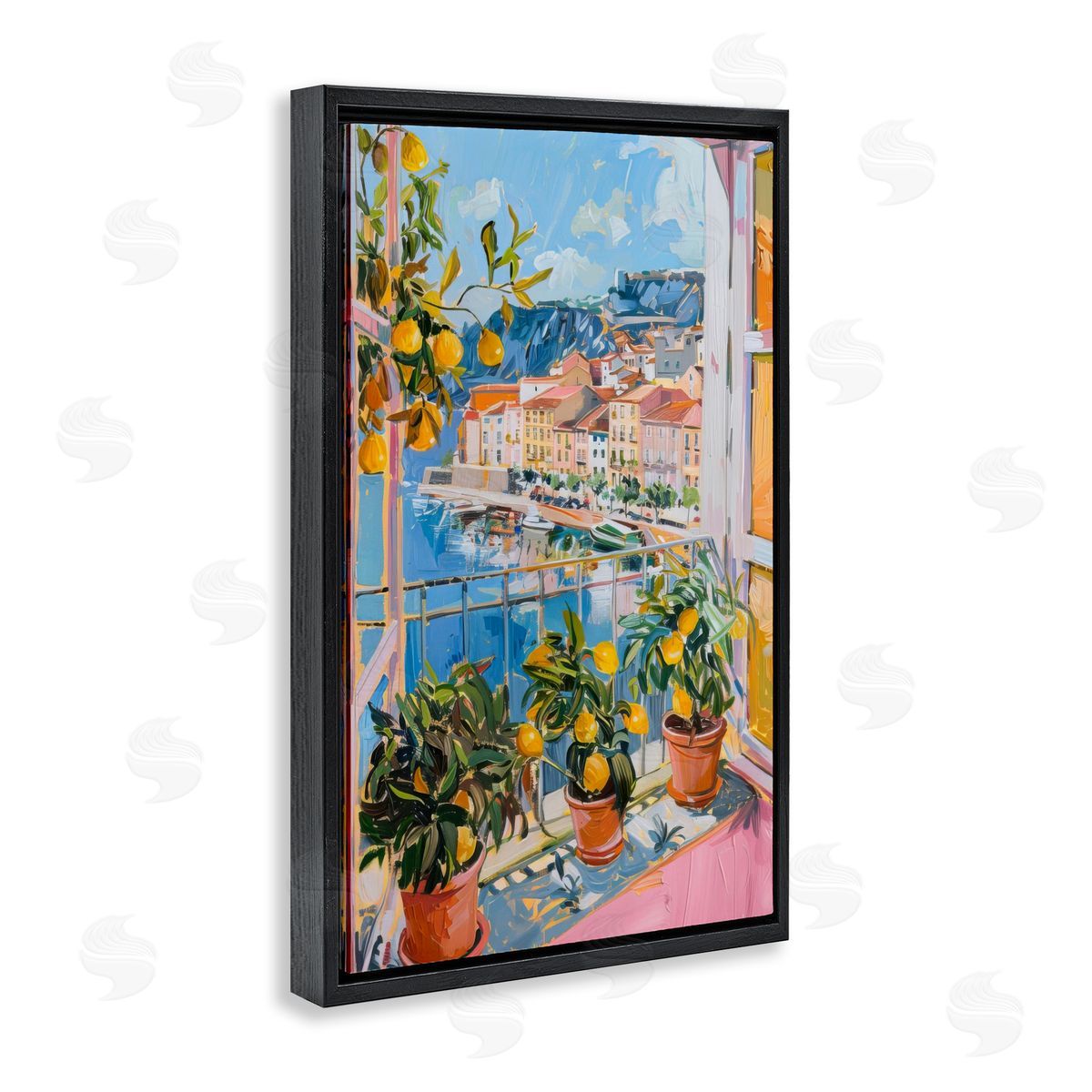 Seaside Town Window View Black Floating Frame Canvas Wall Art, Home Decor by LSR Design Studio
