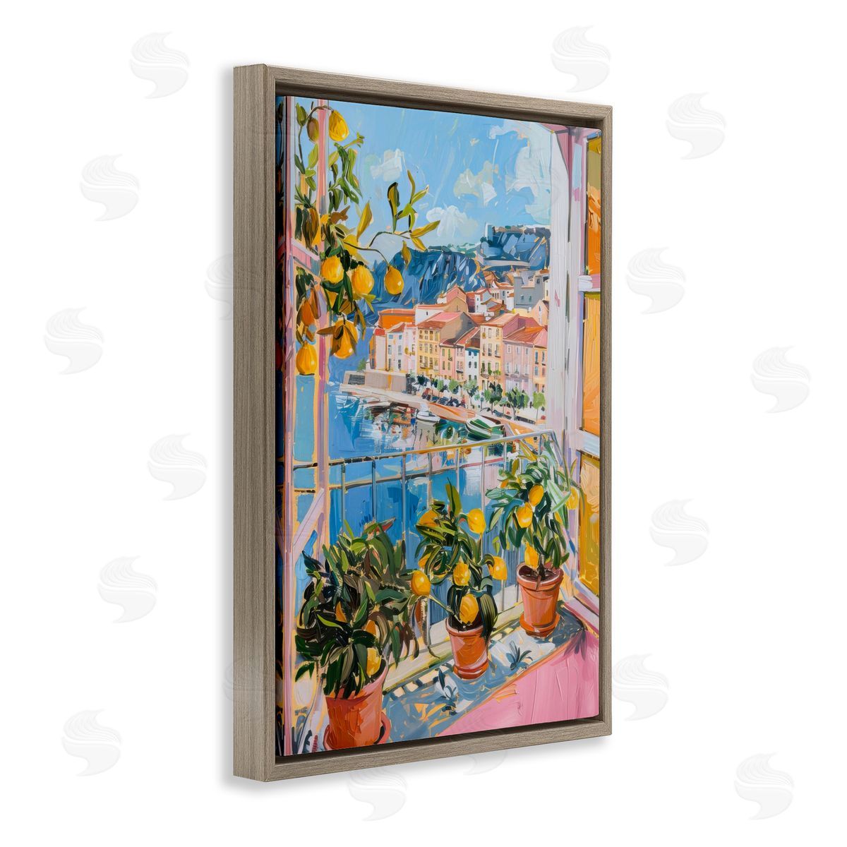 Seaside Town Window View Brown Floating Frame Canvas Wall Art, Home Decor by LSR Design Studio