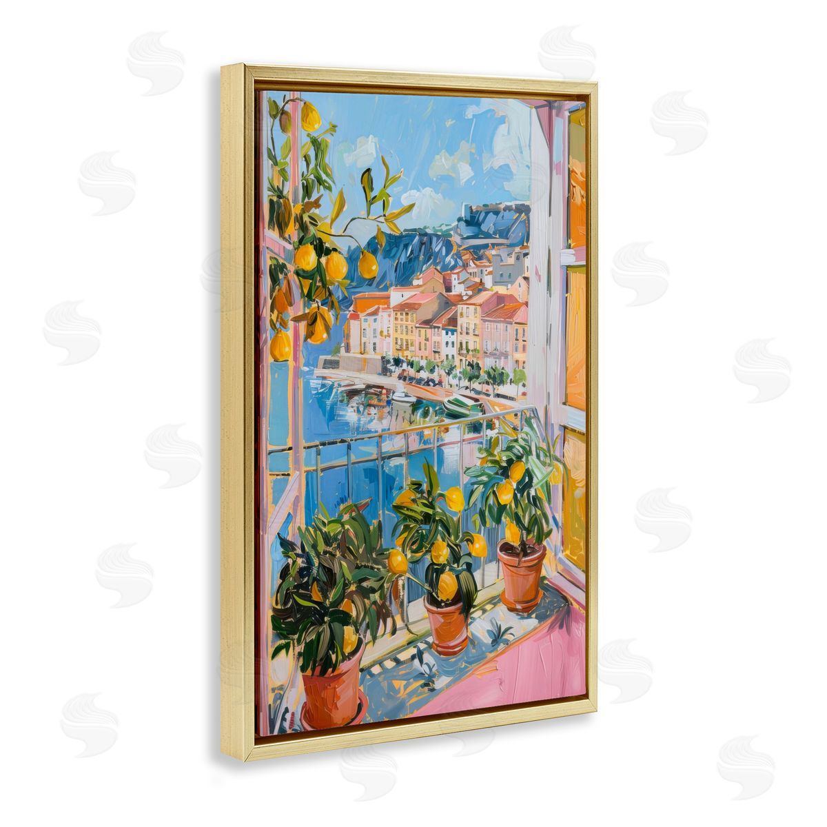 Seaside Town Window View Gold Floating Frame Canvas Wall Art, Home Decor by LSR Design Studio