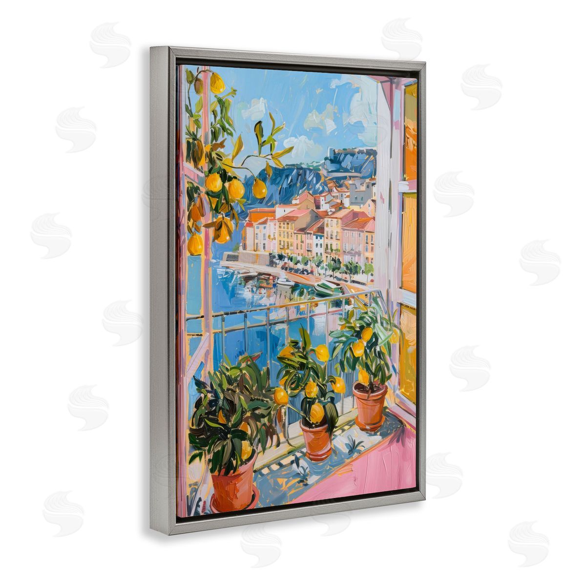 Seaside Town Window View Grey Floating Frame Canvas Wall Art, Home Decor by LSR Design Studio