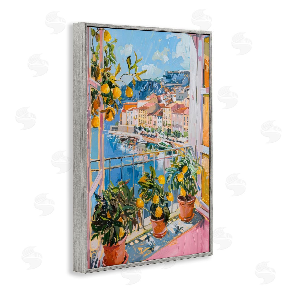 Seaside Town Window View Grey Frame Print Wall Art, Home Decor by LSR Design Studio
