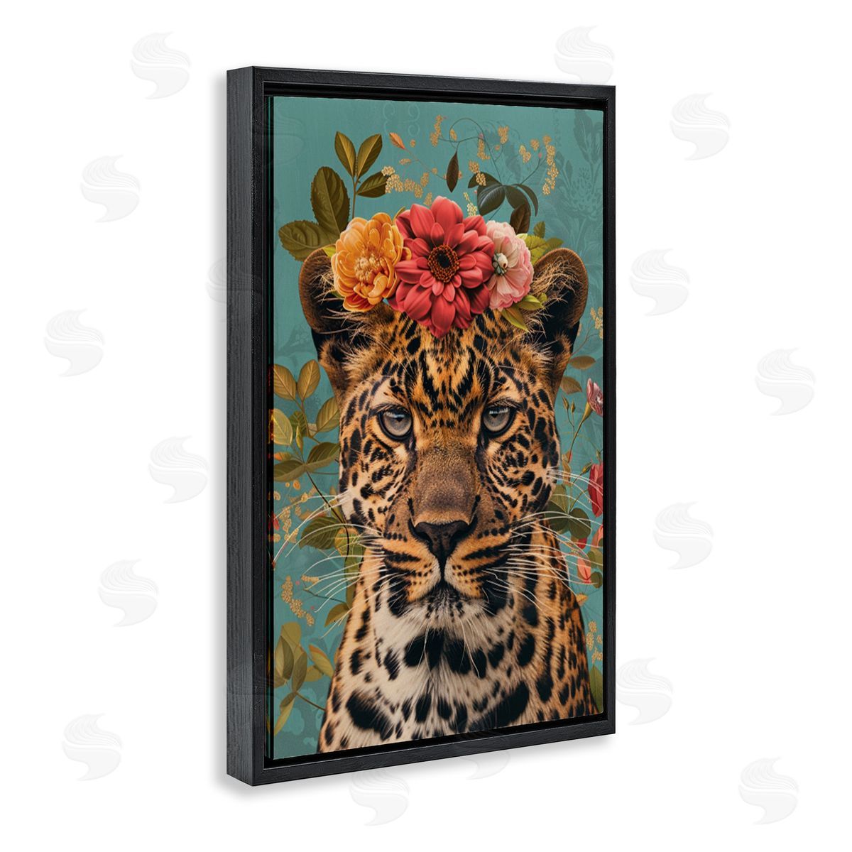 Floral Crown Wild Cheetah Black Floating Frame Canvas Wall Art, Home Decor by LSR Design Studio
