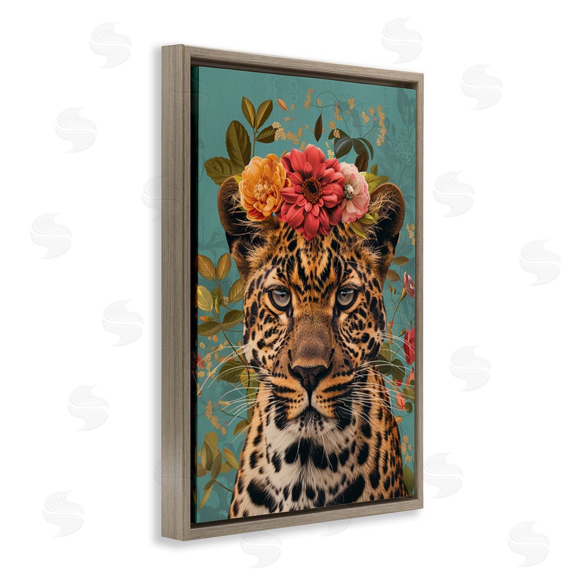 Floral Crown Wild Cheetah Brown Floating Frame Canvas Wall Art, Home Decor by LSR Design Studio