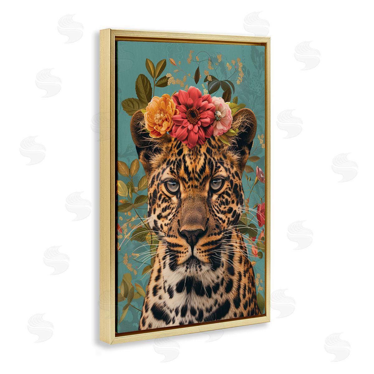 Floral Crown Wild Cheetah Gold Floating Frame Canvas Wall Art, Home Decor by LSR Design Studio