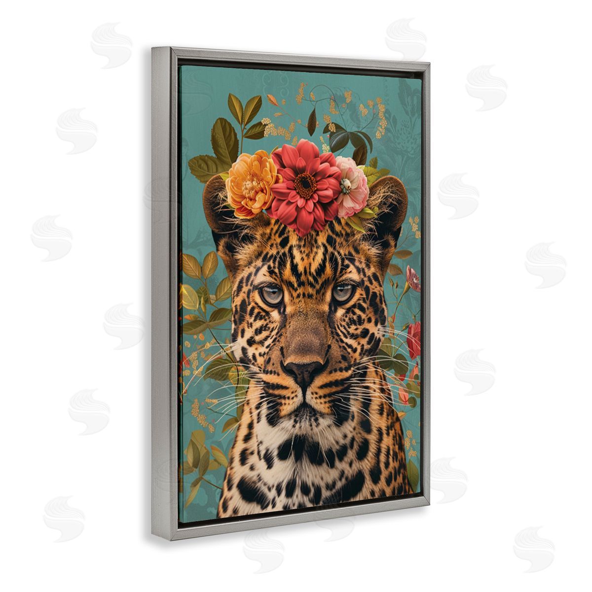 Floral Crown Wild Cheetah Grey Floating Frame Canvas Wall Art, Home Decor by LSR Design Studio