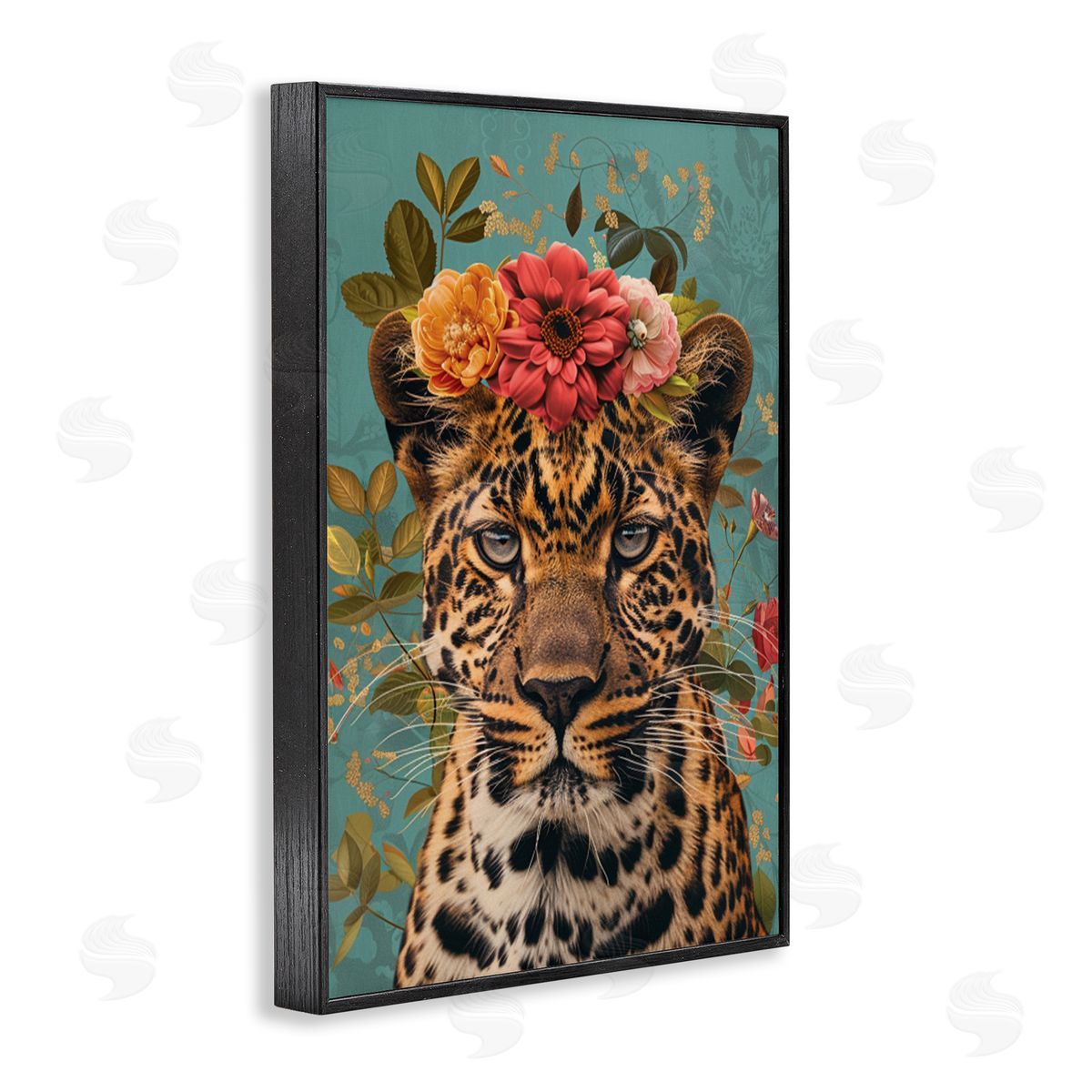 Floral Crown Wild Cheetah Black Frame Print Wall Art, Home Decor by LSR Design Studio
