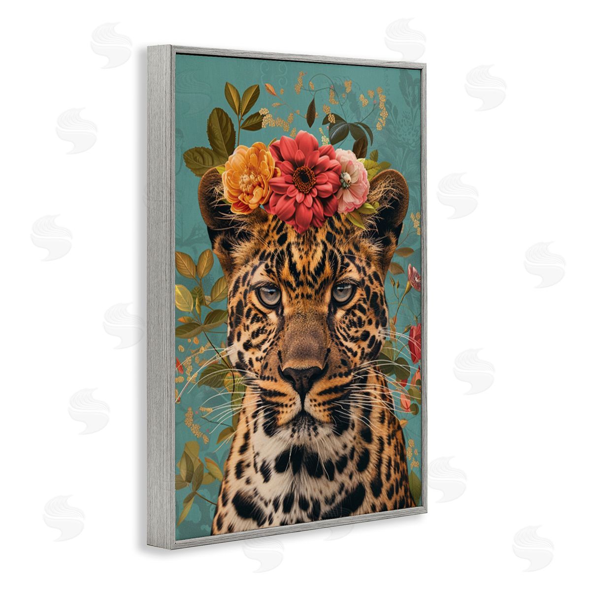 Floral Crown Wild Cheetah Grey Frame Print Wall Art, Home Decor by LSR Design Studio