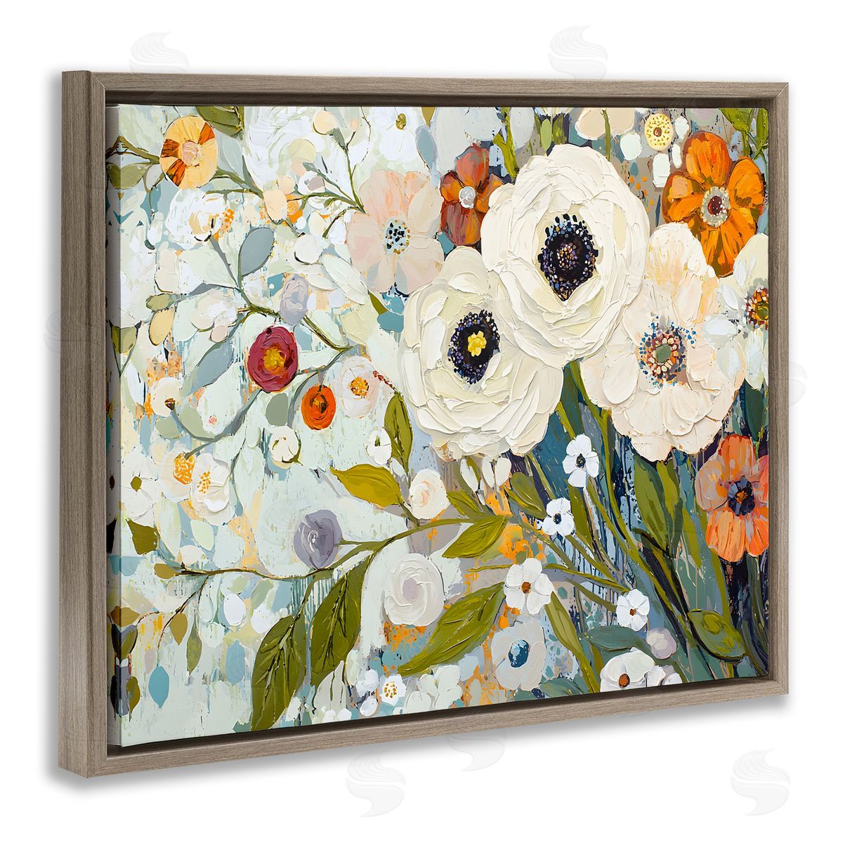 Blooming Round Flowers Arrangement Brown Floating Frame Canvas Wall Art, Home Decor by Franklyn Gregory