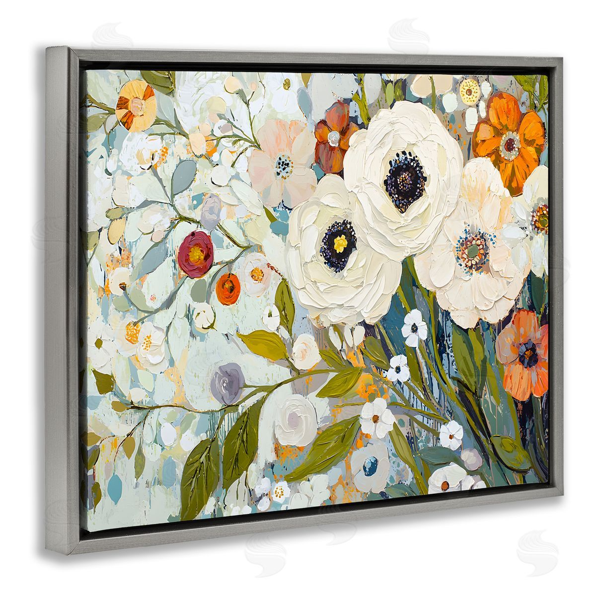 Blooming Round Flowers Arrangement Grey Floating Frame Canvas Wall Art, Home Decor by Franklyn Gregory