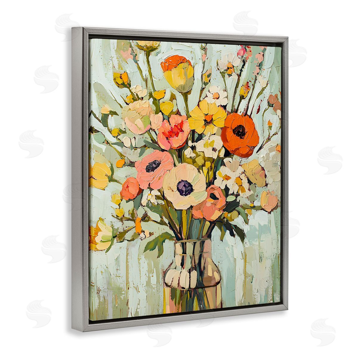 Painterly Bouquet Arrangement Grey Floating Frame Canvas Wall Art, Home Decor by Franklyn Gregory