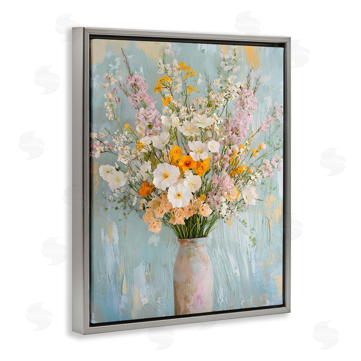 Orange & White Flower Arrangement Grey Floating Frame Canvas Wall Art, Home Decor by Franklyn Gregory