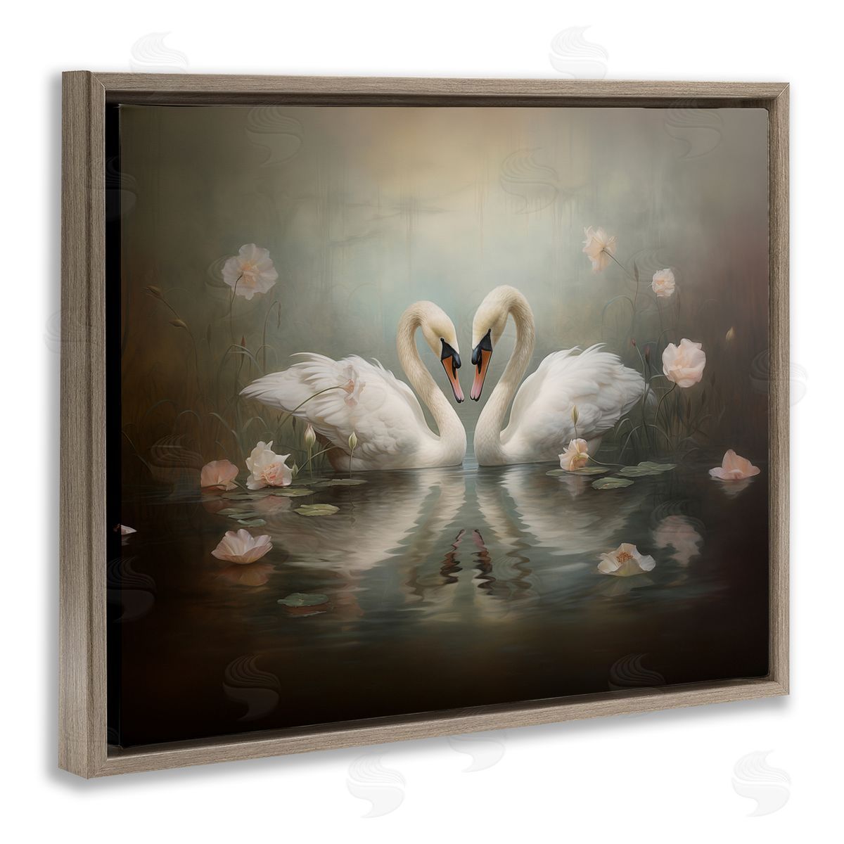 Romantic Swans Reflection Brown Floating Frame Canvas Wall Art, Home Decor by Arlington Prints
