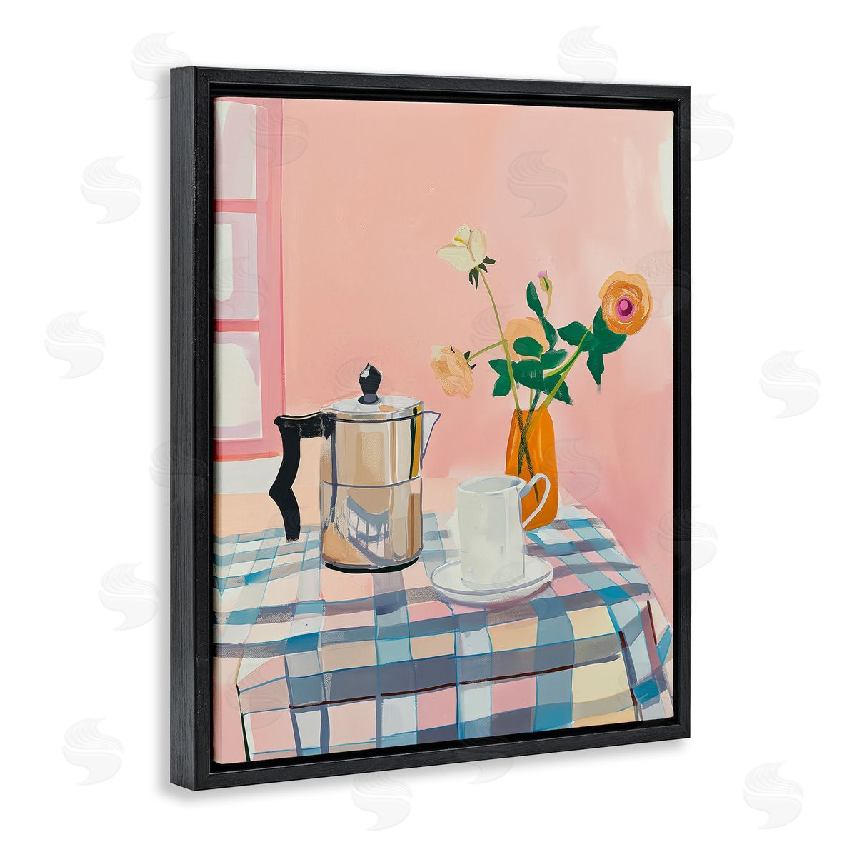 Pink Retro Kitchen Table Black Floating Frame Canvas Wall Art, Home Decor by Arlington Prints