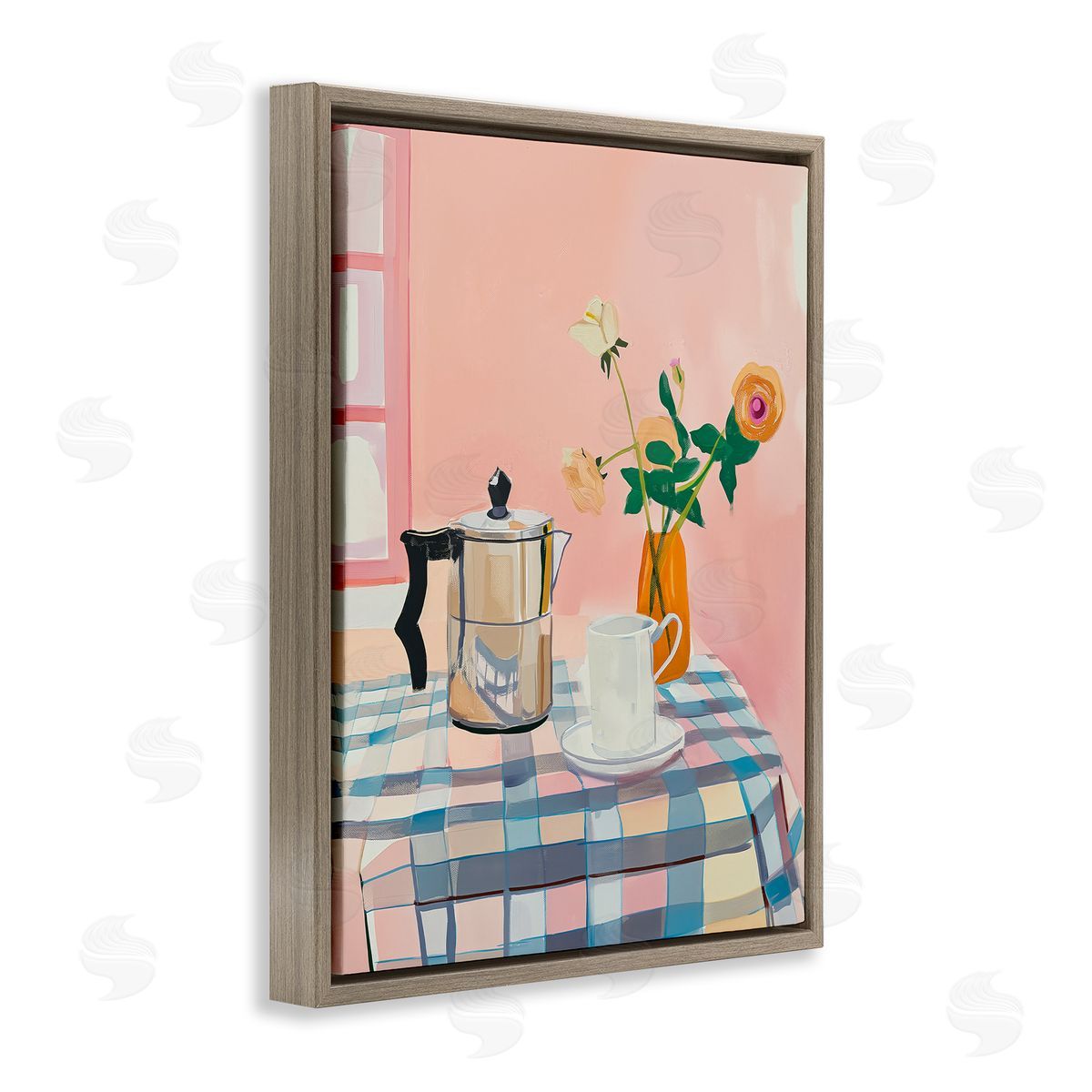 Pink Retro Kitchen Table Brown Floating Frame Canvas Wall Art, Home Decor by Arlington Prints