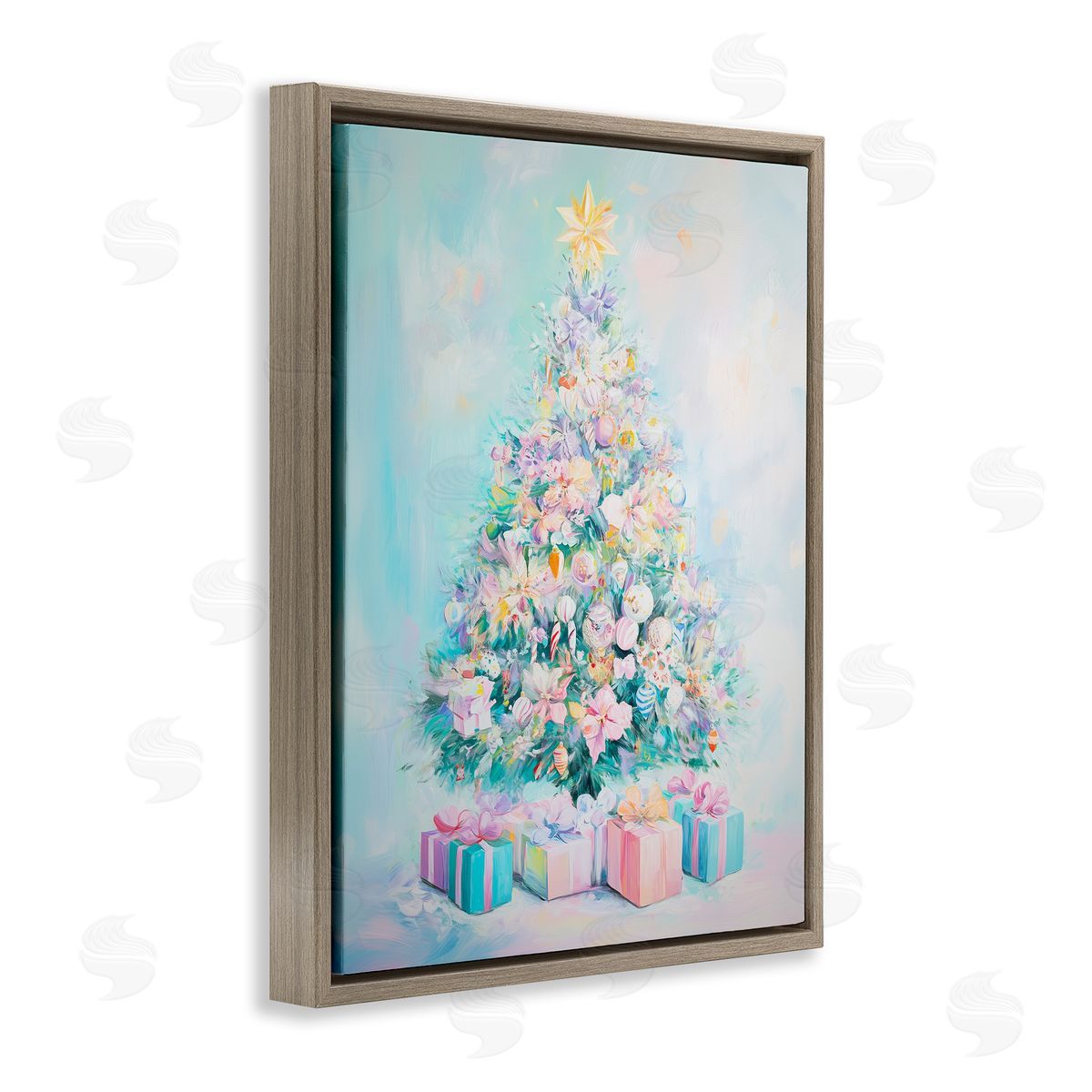Pastel Christmas Tree on Blue Brown Floating Frame Canvas Wall Art, Home Decor by Arlington Prints