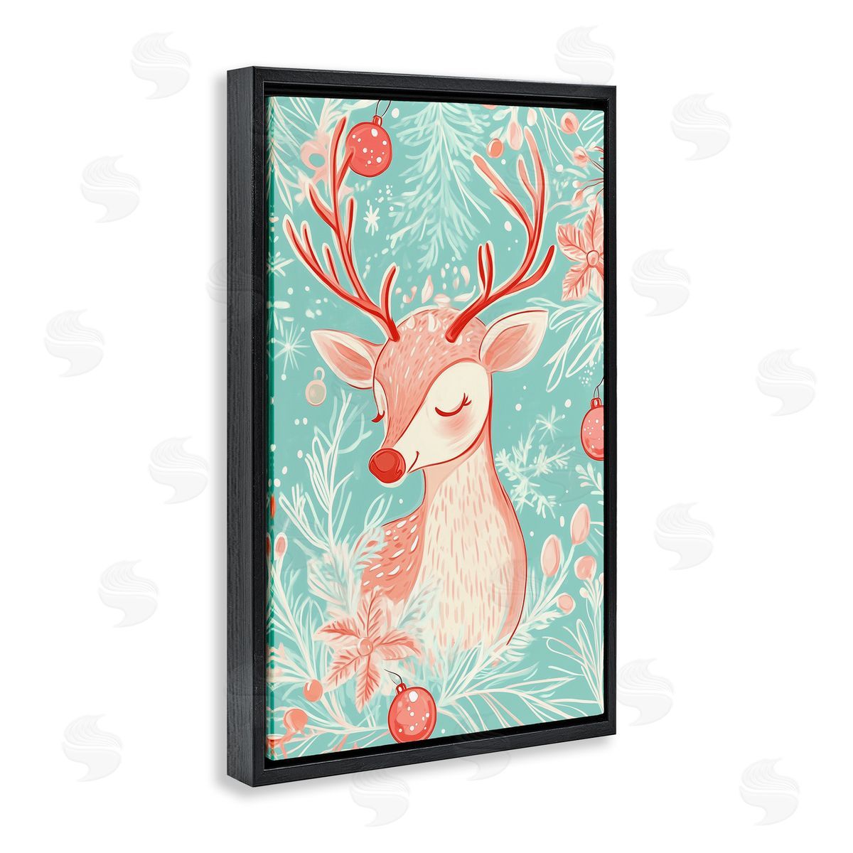 Pink & Blue Vintage Reindeer Black Floating Frame Canvas Wall Art, Home Decor by Arlington Prints
