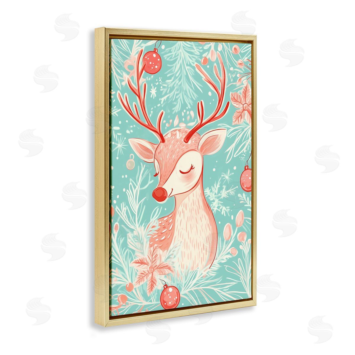 Pink & Blue Vintage Reindeer Gold Floating Frame Canvas Wall Art, Home Decor by Arlington Prints