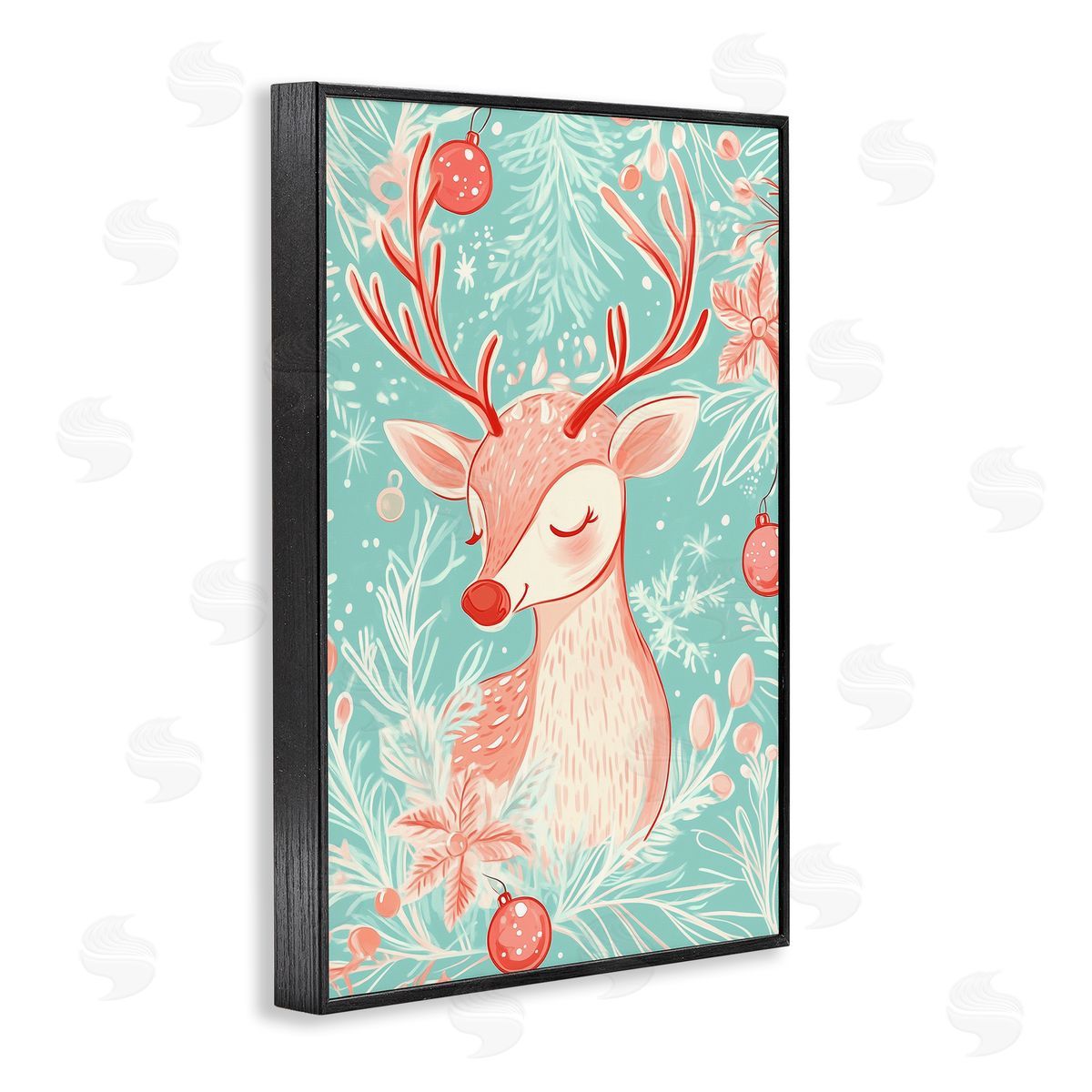 Pink & Blue Vintage Reindeer Black Frame Print Wall Art, Home Decor by Arlington Prints