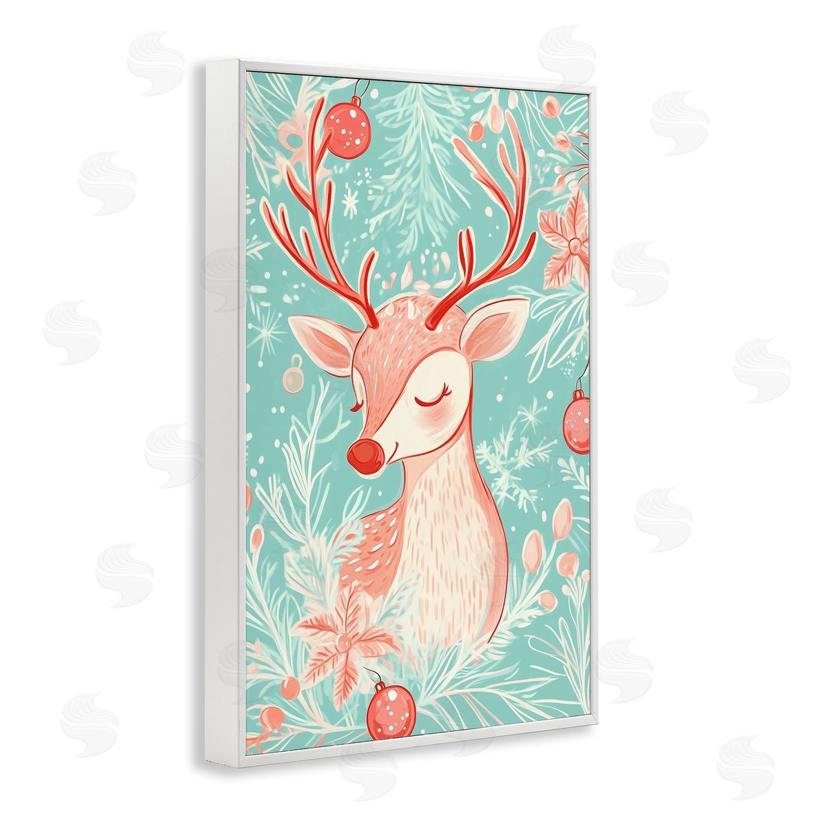 Pink & Blue Vintage Reindeer White Frame Print Wall Art, Home Decor by Arlington Prints
